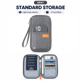 Grey family travel wallet, standard layout with a light grey inside and four card slots
