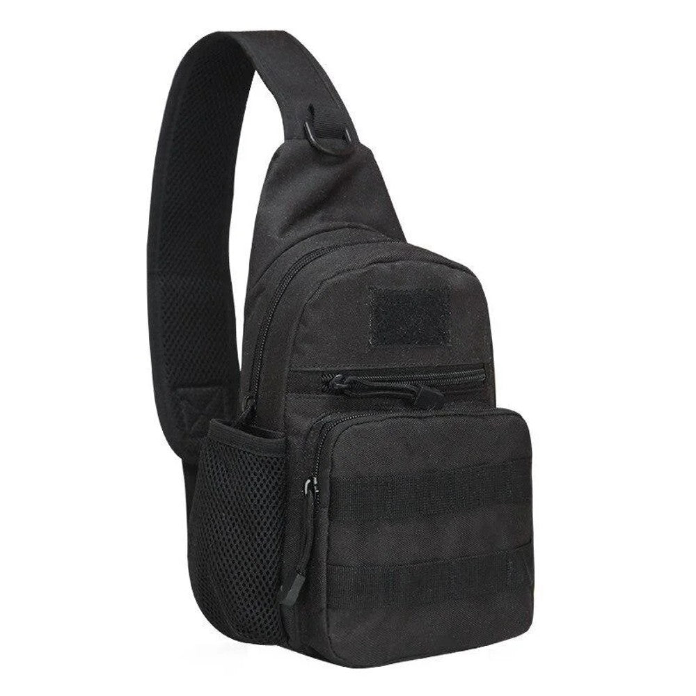 Black 900D sling backpack, front panel with MOLLE webbing and patch area