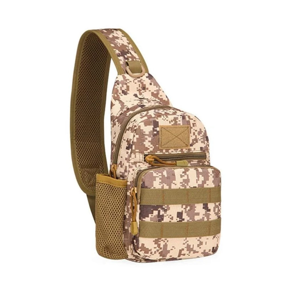 Desert digital camouflage 900D sling backpack with tan straps and MOLLE webbing