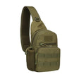 Olive green 900D sling backpack, front panel with MOLLE webbing and patch area
