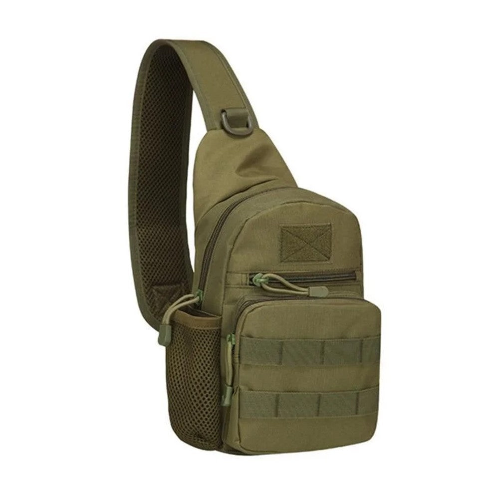 Olive green 900D sling backpack, front panel with MOLLE webbing and patch area
