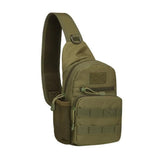 Olive green 900D sling backpack, front panel with MOLLE webbing and patch area