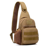 Tan khaki 900D sling backpack, front panel with MOLLE webbing and patch area