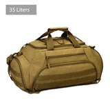 Khaki 35 litre duffel backpack with carry handles, a zipped front pocket and webbing across the front