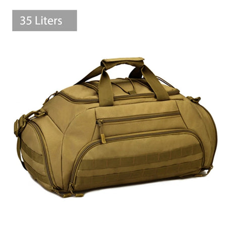 Khaki 35 litre duffel backpack with carry handles, a zipped front pocket and webbing across the front