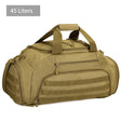 Khaki 45 litre duffel backpack with carry handles, a zipped front pocket and webbing across the front