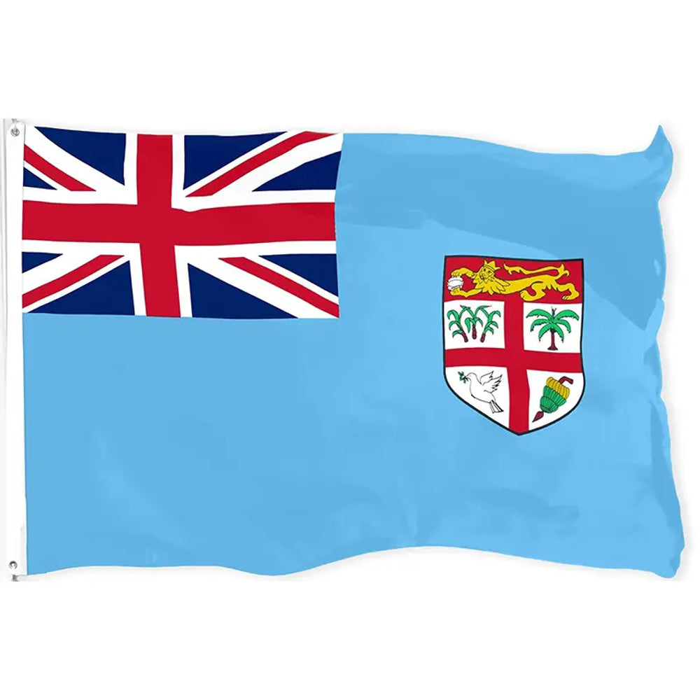 Fiji flag in printed polyester: light blue with Union Jack and shield; white header strip with metal eyelets at left