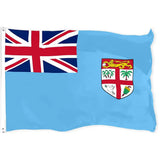 Fiji flag in printed polyester: light blue with Union Jack and shield; white header strip with metal eyelets at left