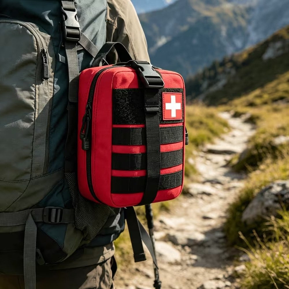 Red first aid bag strapped to the side of a hiker's pack on a mountain track