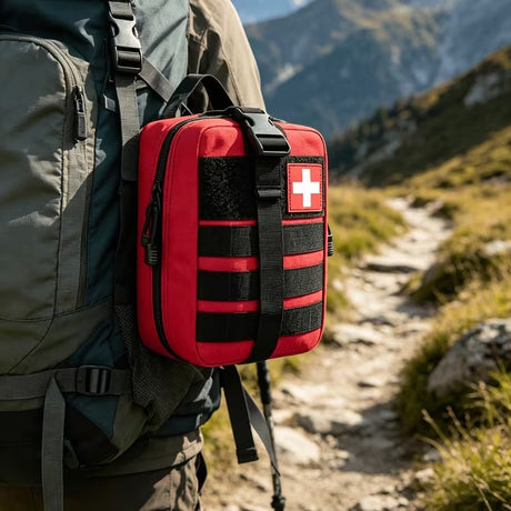 Red first aid bag strapped to the side of a hiker's pack on a mountain track