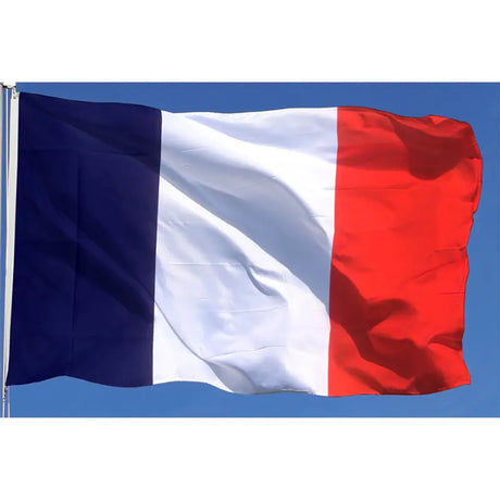French flag in printed polyester flying against a blue sky, blue, white and red, white header strip on the left edge