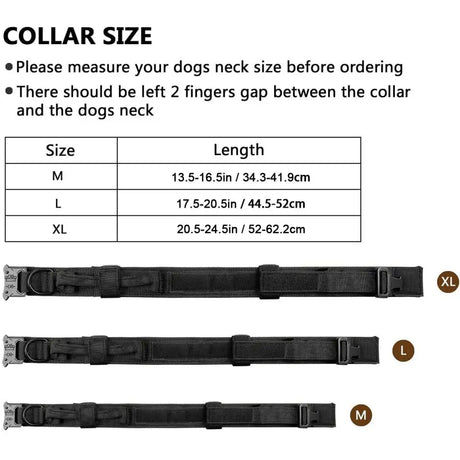 Collar size chart with three black collars and lengths for sizes M, L and XL