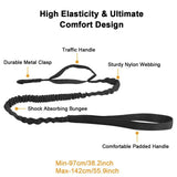 Green bungee lead laid flat, showing the elastic section and marked length range