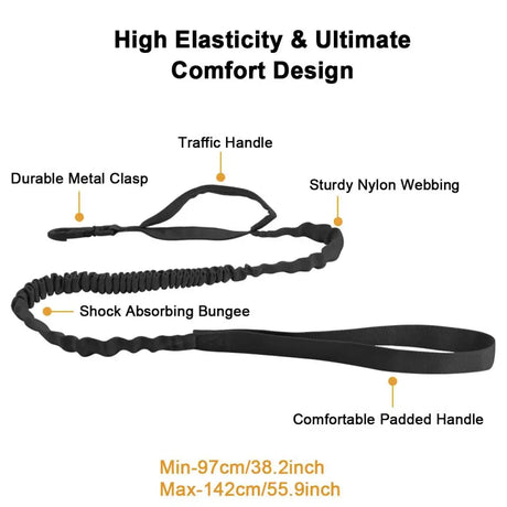 Green bungee lead laid flat, showing the elastic section and marked length range