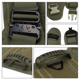 Close-ups of the moulded metal buckle stamping, plastic buckles, grab handle and D-ring