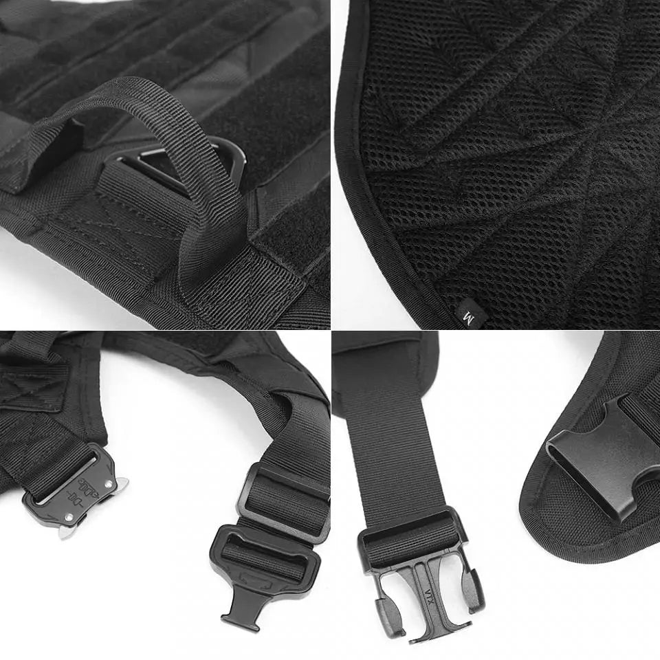 Close-ups of the black harness: webbing handle, D-ring, open mesh lining and buckles