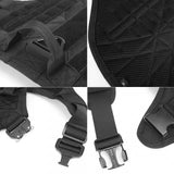 Close-ups of the black harness: webbing handle, D-ring, open mesh lining and buckles