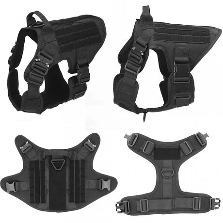 Four views of the black harness: side, front, flat back panel and chest straps
