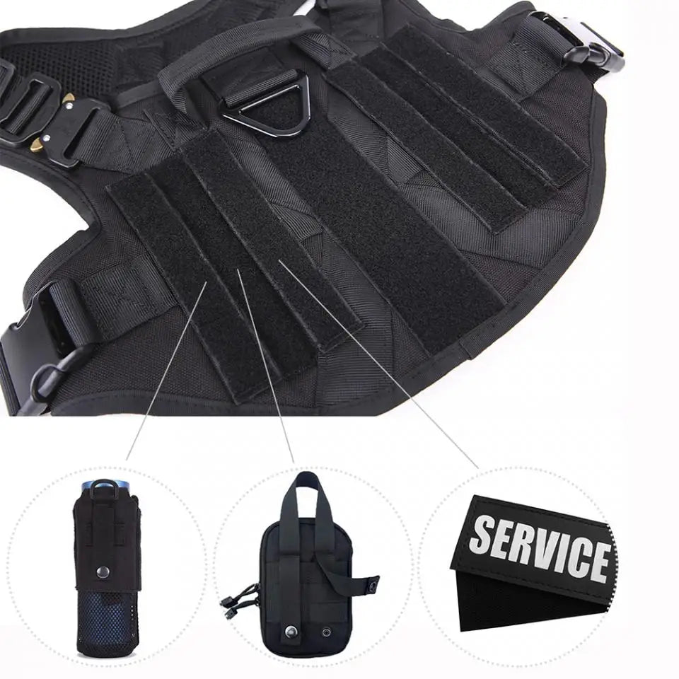 Black harness back panel with hook-and-loop rows, bottle holder, zip pouch and patch