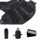 Black harness back panel with hook-and-loop rows, bottle holder, zip pouch and patch