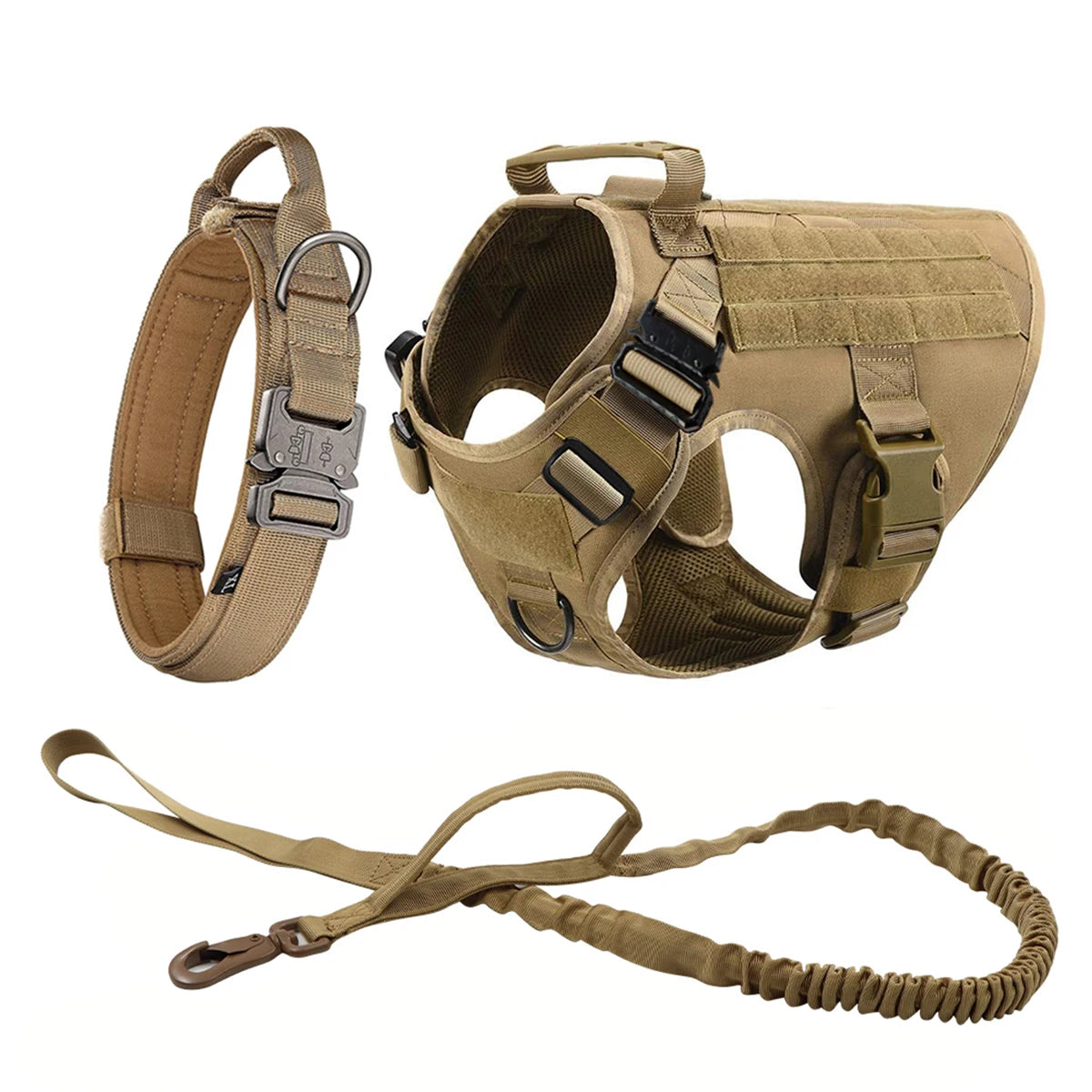 Brown three-piece set: harness, padded collar with metal buckle and bungee lead