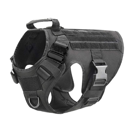 Black harness alone, three-quarter view showing metal chest buckle and chest D-ring