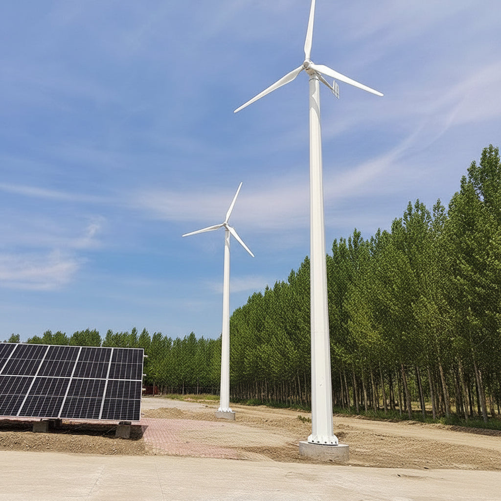 Two G Type horizontal wind turbines on ground masts beside a ground-mounted solar array - representative family photo