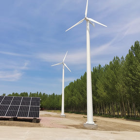 Two G Type horizontal wind turbines on ground masts beside a ground-mounted solar array - representative family photo