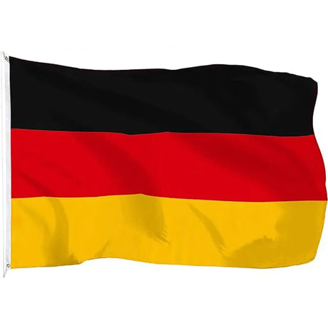 German flag in printed polyester: black, red and gold stripes; white header strip with metal eyelets at left