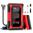 GOOLOO A3 jump starter and tyre inflator with clamp lead, air hose and valve adaptors, on a white background