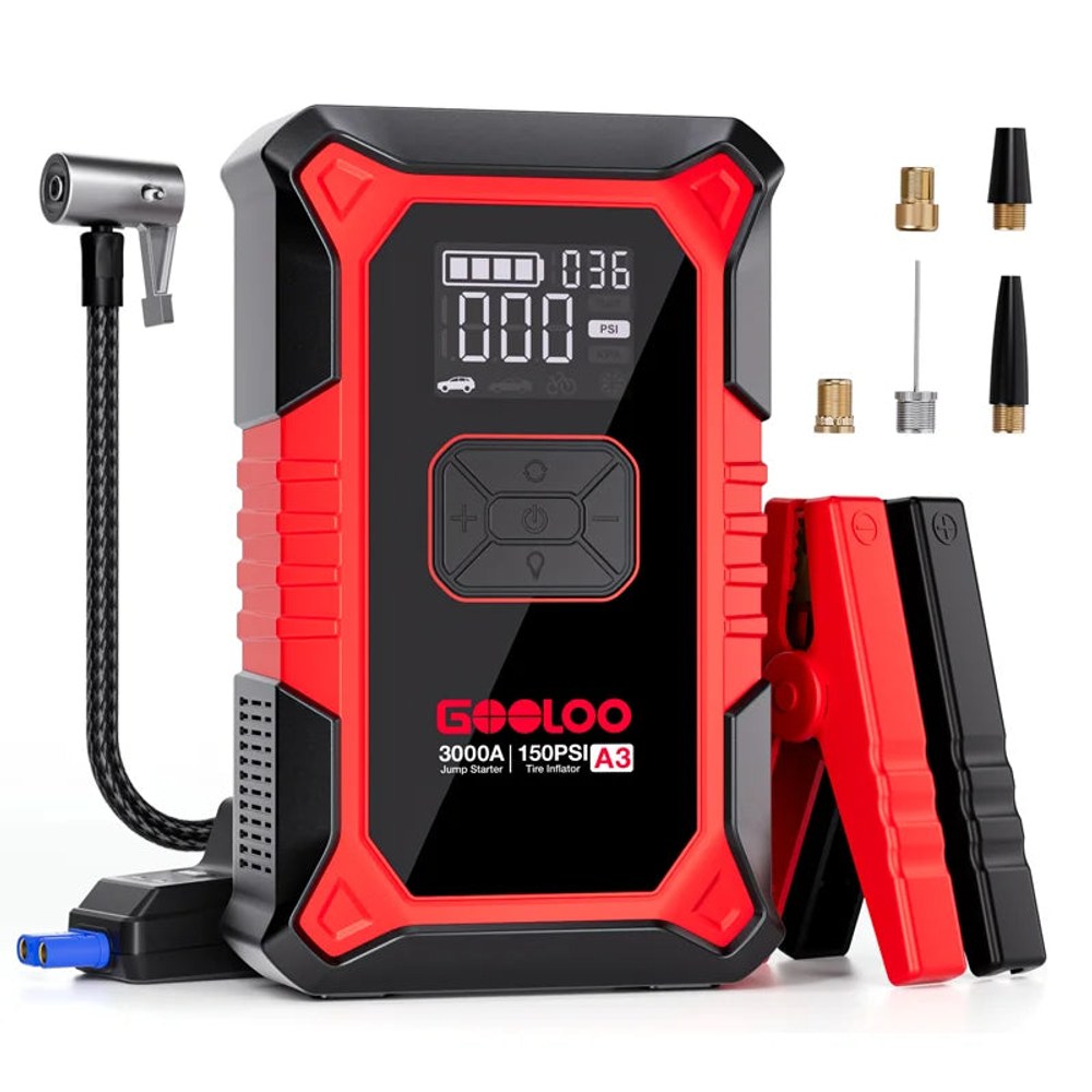 GOOLOO A3 jump starter and tyre inflator with clamp lead, air hose and valve adaptors, on a white background