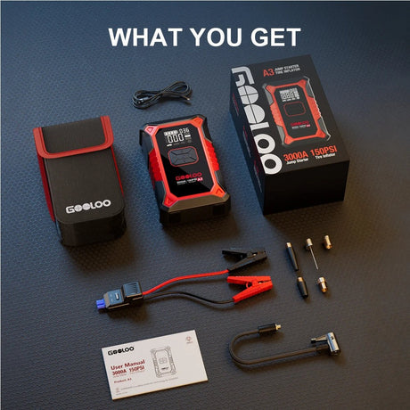 What comes in the GOOLOO A3 box: pack, clamp lead, air hose, five adaptors, cable, carry pouch and manual