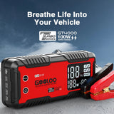 Front of the GOOLOO GT4000 showing the battery-level screen, power and boost buttons, and clamps