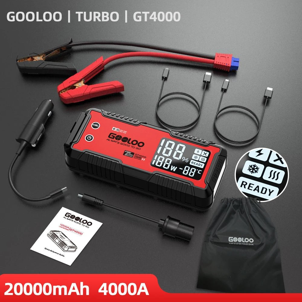 GOOLOO GT4000 jump starter with clamp leads, car-socket lead, USB cables, adaptor, drawstring bag and quick guide