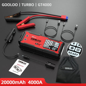 GOOLOO GT4000 jump starter with clamp leads, car-socket lead, USB cables, adaptor, drawstring bag and quick guide