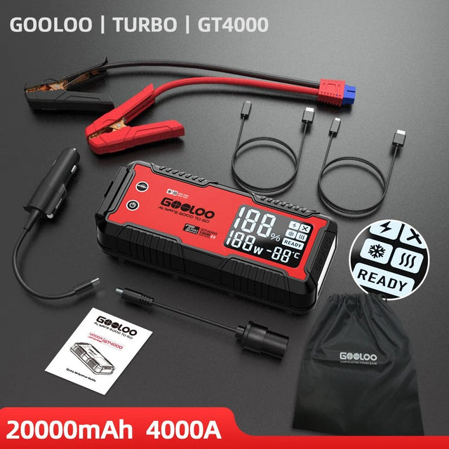 GOOLOO GT4000 jump starter with clamp leads, car-socket lead, USB cables, adaptor, drawstring bag and quick guide