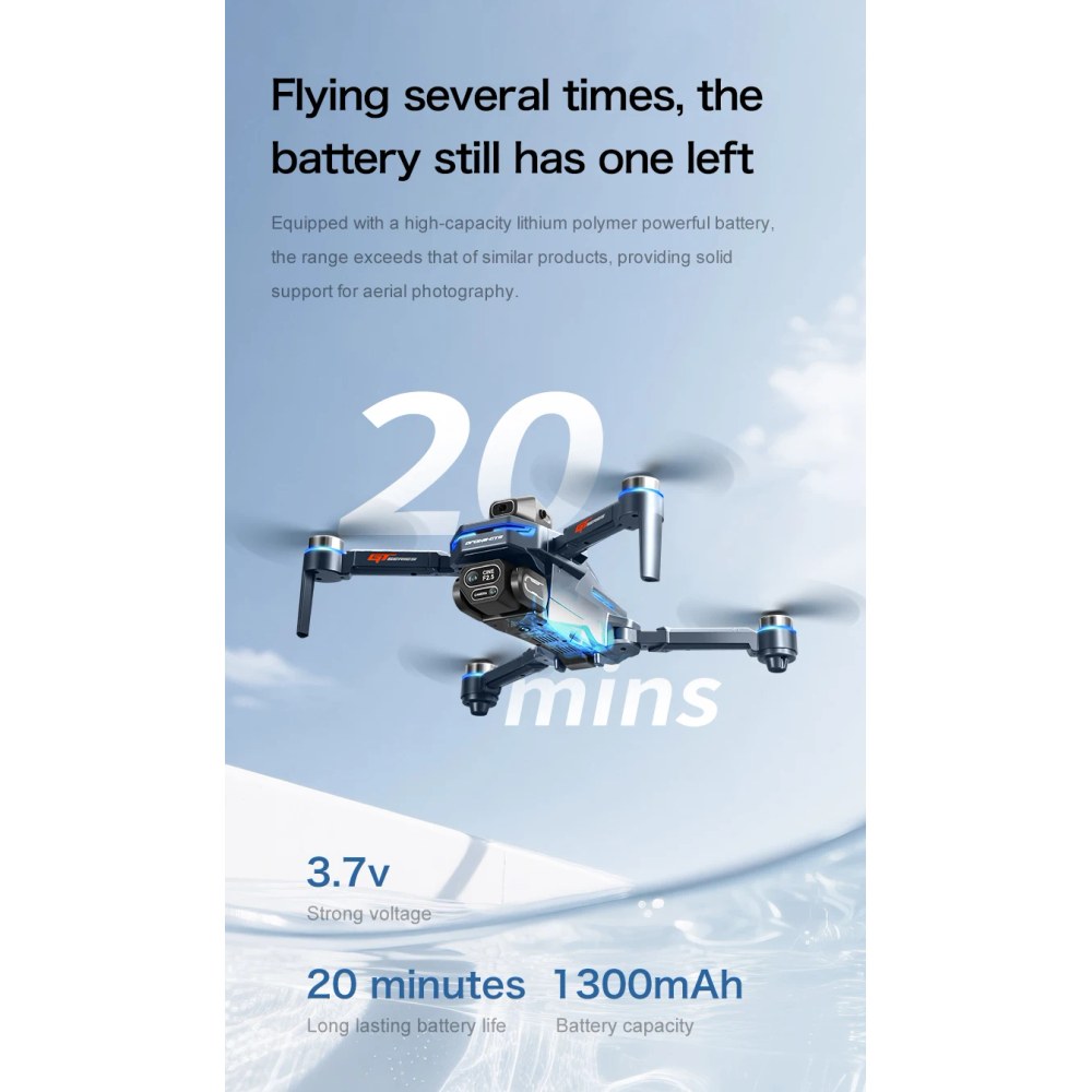 GT8 drone in flight with the maker's 3.7 V 1300 mAh battery figures