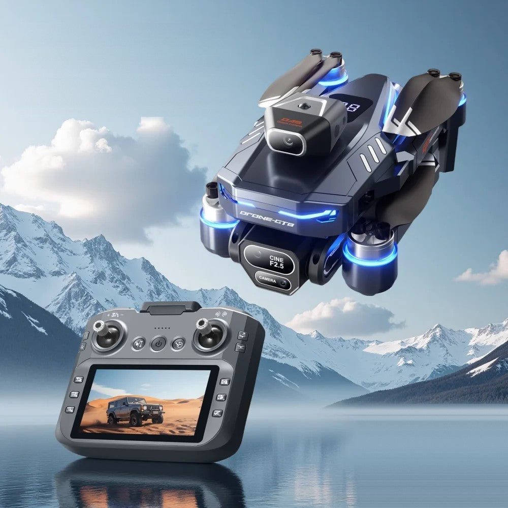 GT8 drone in the air above its remote control with a built-in screen, snowy mountains and a lake behind