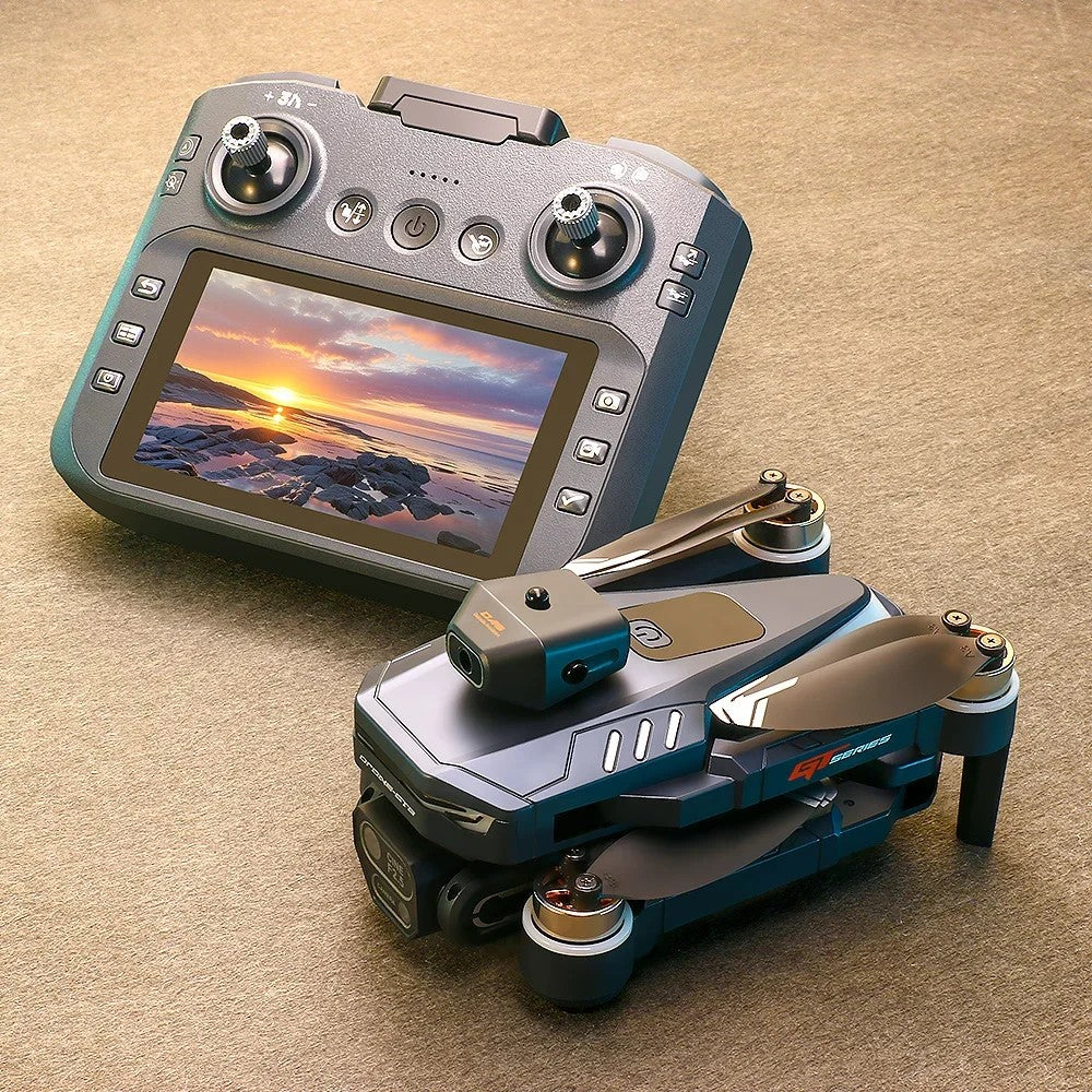 GT8 folding drone, folded, beside its remote control with a built-in screen, on a table