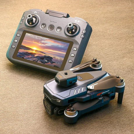 GT8 folding drone, folded, beside its remote control with a built-in screen, on a table