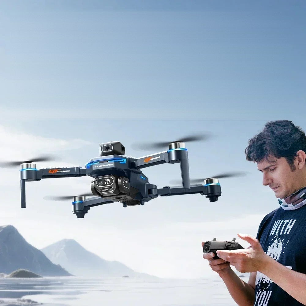 GT8 drone hovering beside a man flying it with the remote control, by the water