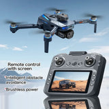GT8 drone in flight above its remote control with a built-in screen; maker's notes: obstacle avoidance and brushless motors