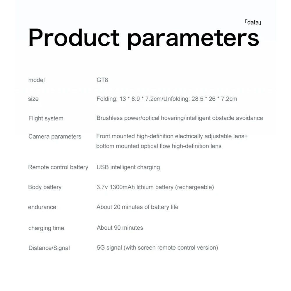 The maker's GT8 parameter sheet: folded and unfolded size, 3.7 V 1300 mAh battery, about 20 minutes, about 90 minutes to charge