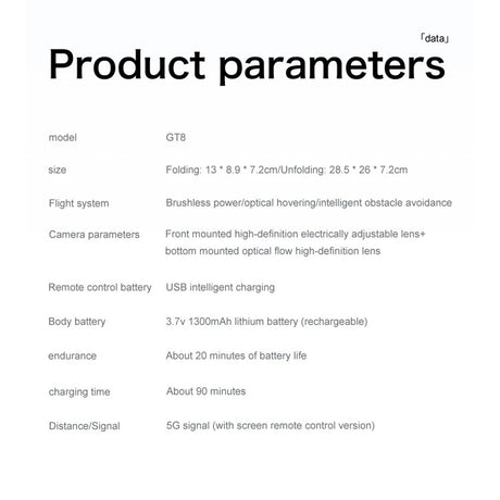 The maker's GT8 parameter sheet: folded and unfolded size, 3.7 V 1300 mAh battery, about 20 minutes, about 90 minutes to charge