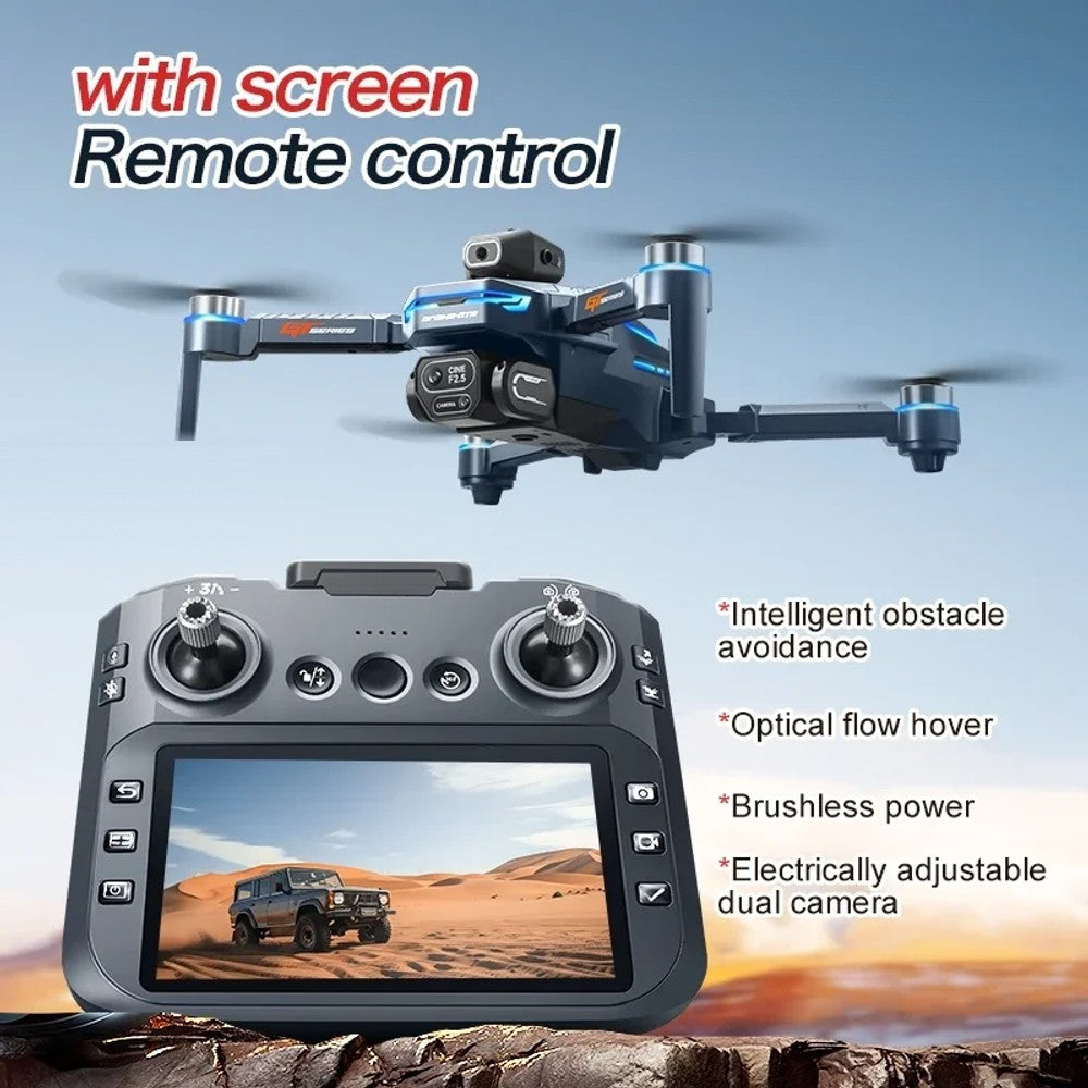 GT8 drone above its screen remote, with the maker's feature list: obstacle avoidance, optical-flow hover, brushless motors, camera adjustable from the remote