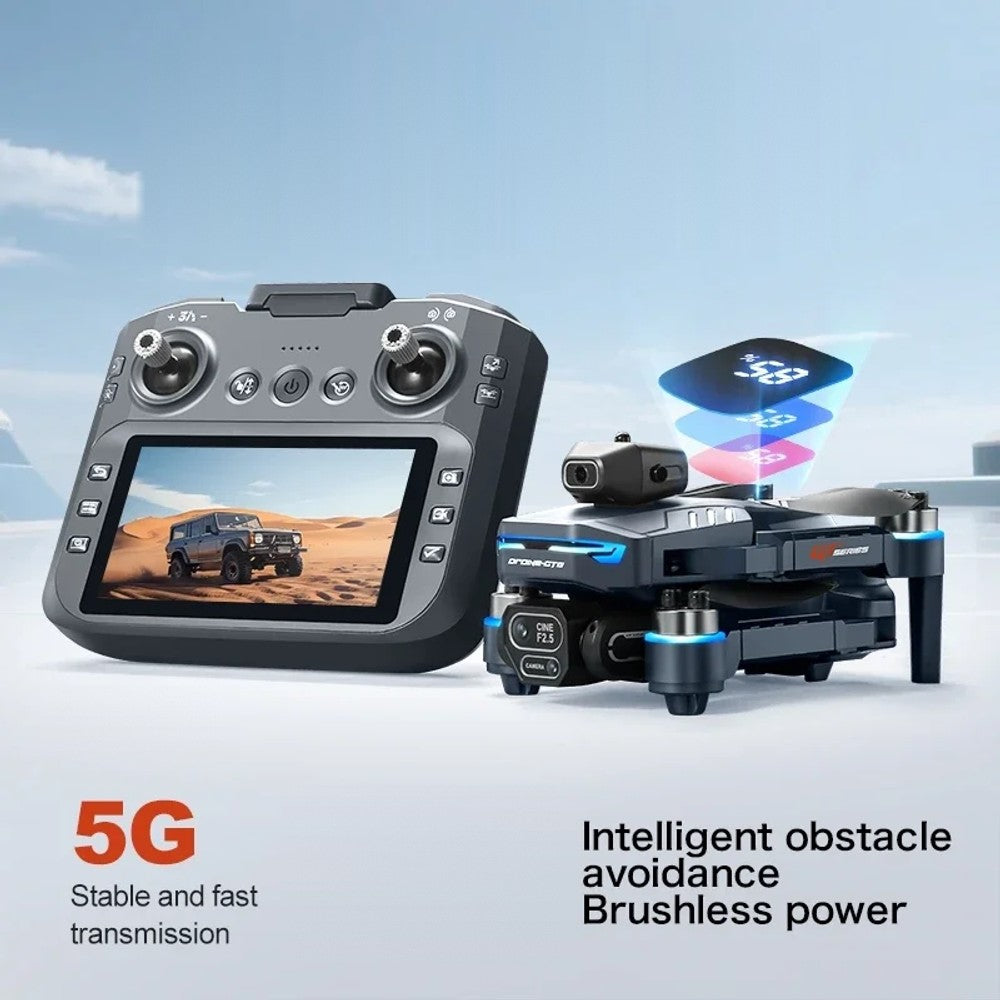 GT8 drone folded beside its remote control with a built-in screen; maker's notes: 5G transmission, obstacle avoidance and brushless motors