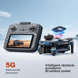 GT8 drone folded beside its remote control with a built-in screen; maker's notes: 5G transmission, obstacle avoidance and brushless motors