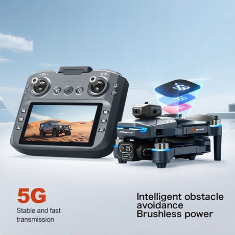 GT8 drone folded beside its remote control with a built-in screen; maker's notes: 5G transmission, obstacle avoidance and brushless motors