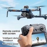 Hand holding the GT8 remote control, its built-in screen showing the camera's view, with the drone flying above