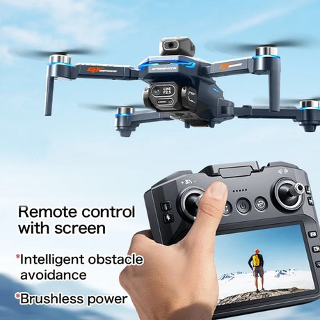 Hand holding the GT8 remote control, its built-in screen showing the camera's view, with the drone flying above